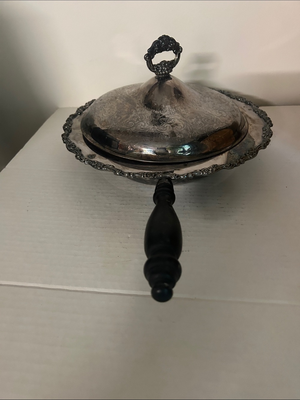 Silver-Plated Covered Serving Dish with Black Handle